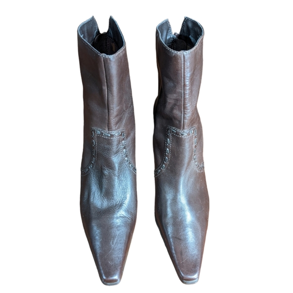 Ankle Boot Brown 10B Square Pointed Toe Metallic Bronze Stitching Rectangle Heel - Picture 2 of 16